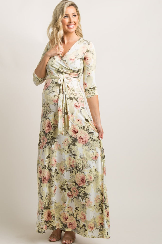 Ivory Floral Maternity Wrap Maxi Dress 